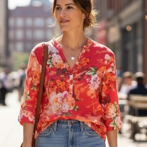 Soft‎ Surroundings | Light Weight Coral Orange Floral Blouse Top Size Large